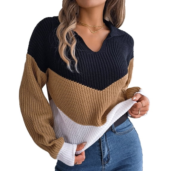 Long Sleeve Sweater Breathable Soft Skin Friendly V Neck Color Block Knit Pullover Sweater Tops for Party Outdoor Khaki S
