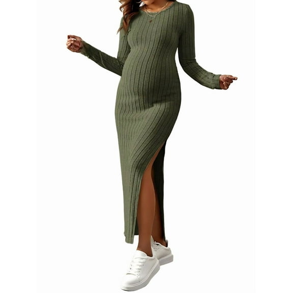 Long Sleeve Sweater Dress for Fall Winter Baby Shower & Photoshoot - Women'S Pregnancy Maternity Dresses Green L