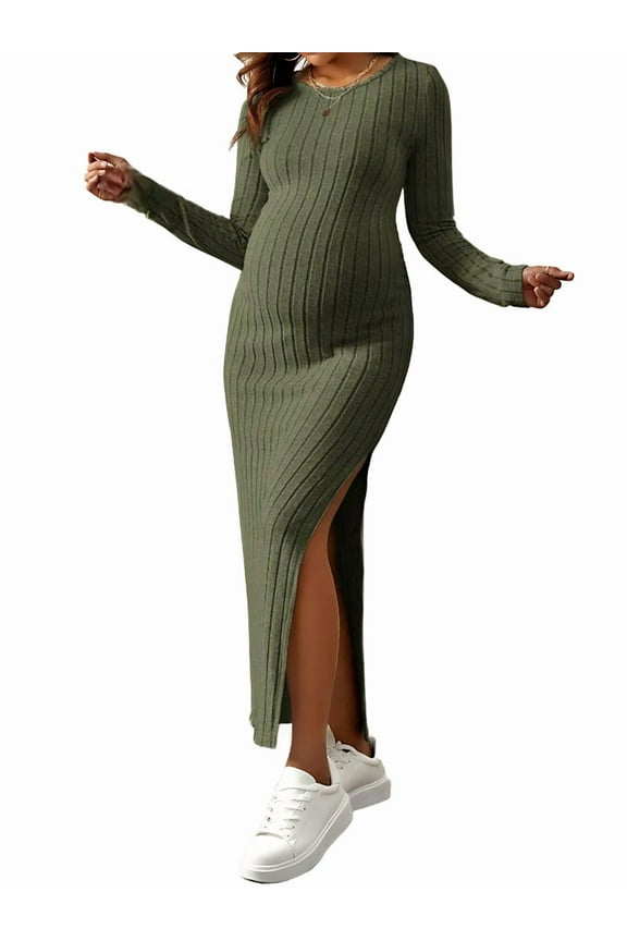 Long Sleeve Sweater Dress for Fall Winter Baby Shower & Photoshoot - Women'S Pregnancy Maternity Dresses Green S