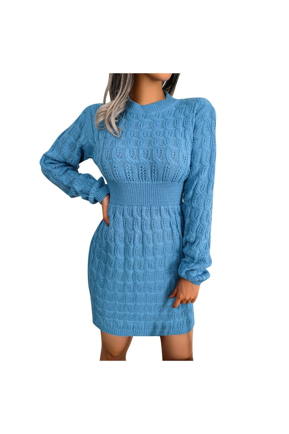 Long Sleeve Sweater Dress for Women Solid Color High Waist Knitted Cable Dress Loose Mock Neck Sweater Dresses Mini