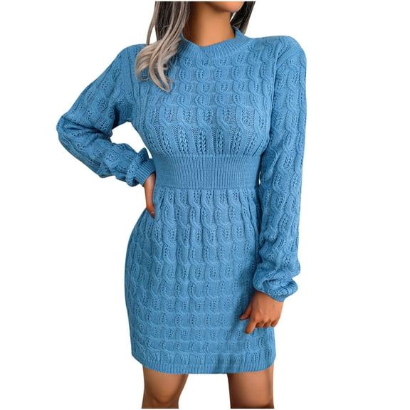 Long Sleeve Sweater Dress for Women Solid Color High Waist Knitted Cable Dress Loose Mock Neck Sweater Dresses Mini