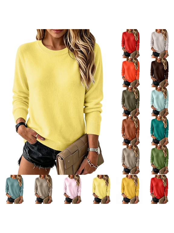 Long Sleeve Sweater for Women Ribbed Knitted Crew Neck Pull Over Sweaters Lightweight Cozy Fall Loose Fitting Casual Preppy Work Blouse