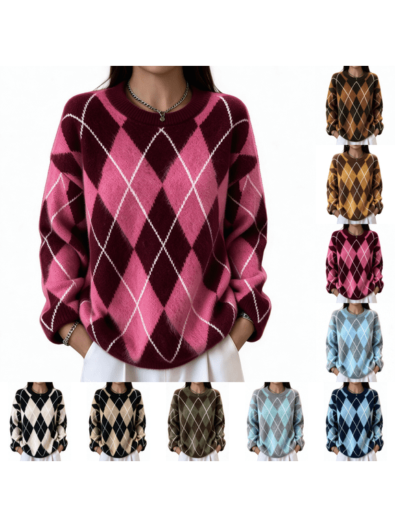 Long Sleeve Sweaters for Women Argyle Plaid Trendy Casual Fall Oversized Blouses Lightweight Knit Pullover Tops