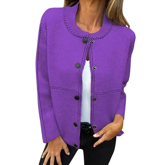 Long Sleeve Sweaters for Women Crewneck Button Down Solid Knit Cardigan Outwear Purple M