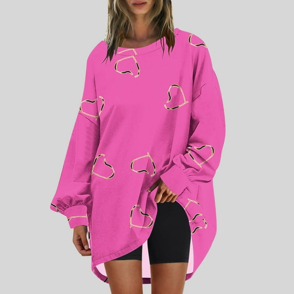 Long Sleeve Sweatshir Oversized T-Shirts for Women Crew Neck Tee Printed Casual Loose Vintage Pullover Tops Fall Tee (Pink L)