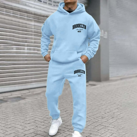 Long Sleeve Sweatshirt Drawstring Sweatpants Lounge Set Mens Tracksuit 2 Piece Hoodie Solid Jogging Activewear with Long Sleeve Pullover Hooded Casual Sweatsuit Set for Men (Sky Blue, L)