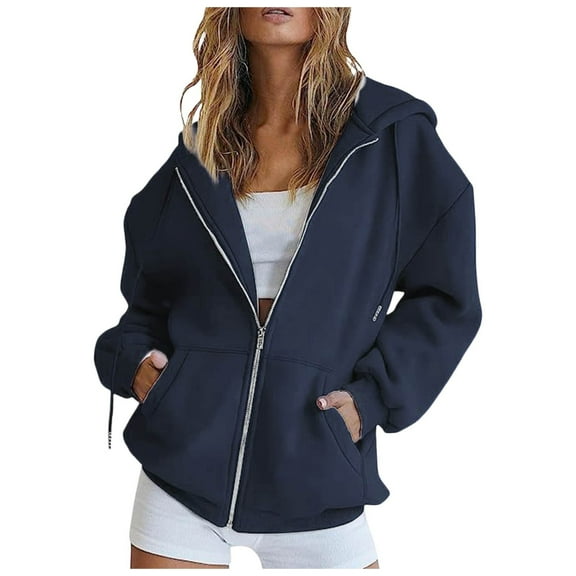 Long Sleeve Sweatshirt For Women Casual Comfortable Zipper Hooded Coat Solid Color Loose Everyday Style Tops Clothes With Pocket