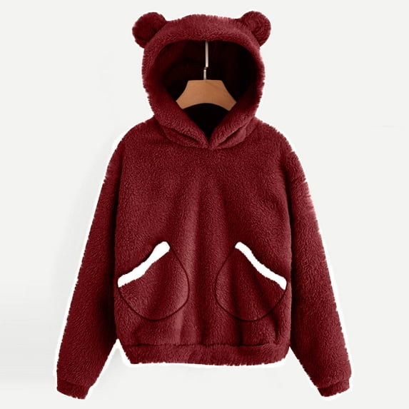 Long Sleeve Sweatshirt For Women Fleece Hoodies Bear Ears Hooded Coat Warm Casual Comfortable Loose Fall Outwear Tops Clothes With Pocket Wine S