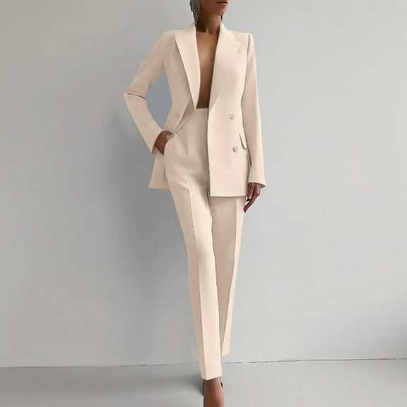 Long Sleeve Sweatshirt Lady Set Women's 2 Piece Elegant Suits Business Casual Outfits Long Sleeve Blazer with Pants Dressy Pantsuits Office Work Sets Beige XXL