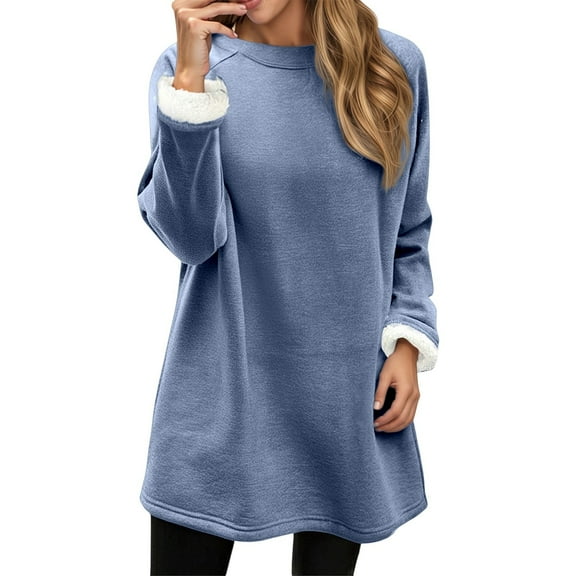 Long Sleeve Sweatshirt Skirt for Women Lined Crew Neck Solid Tops 2025 Fall Fashion Clothes Winter Pullover with Pockets Loungewear Tops (BU3, L)
