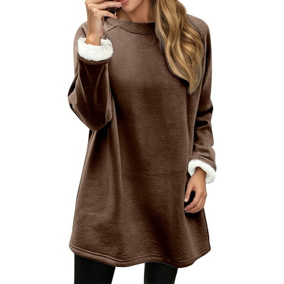 Long Sleeve Sweatshirt Skirt for Women Lined Crew Neck Solid Tops 2025 Fall Fashion Clothes Winter Pullover with Pockets Loungewear Tops (Coffee, L)