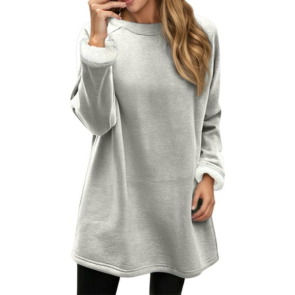 Long Sleeve Sweatshirt Skirt for Women Lined Crew Neck Solid Tops 2025 Fall Fashion Clothes Winter Pullover with Pockets Loungewear Tops (GY1, L)
