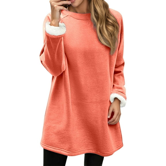 Long Sleeve Sweatshirt Skirt for Women Lined Crew Neck Solid Tops 2025 Fall Fashion Clothes Winter Pullover with Pockets Loungewear Tops (Orange, XXL)