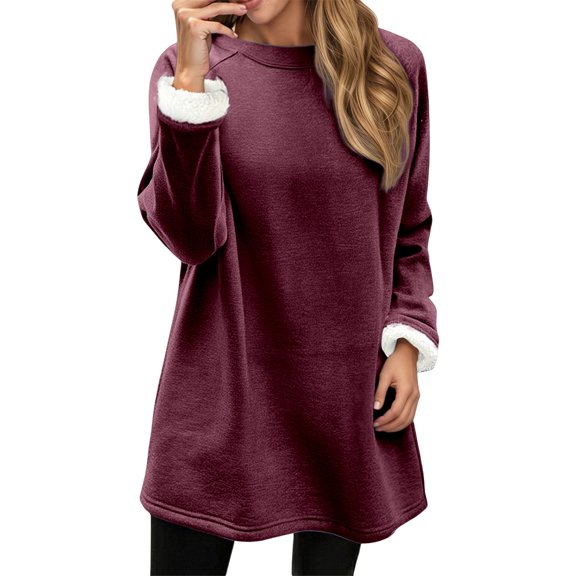 Long Sleeve Sweatshirt Skirt for Women Lined Crew Neck Solid Tops 2025 Fall Fashion Clothes Winter Pullover with Pockets Loungewear Tops (RD3, XXL)