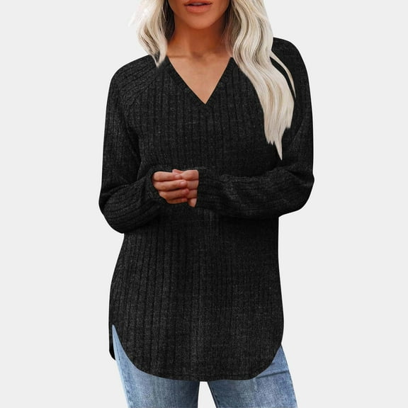 Long Sleeve Sweatshirt for Women New Women's Sweaters Fall Lightweight Long Sleeve V Neck Tunic Tops Casual Looses Curved Hem Knitted Solid Clothing Black XL