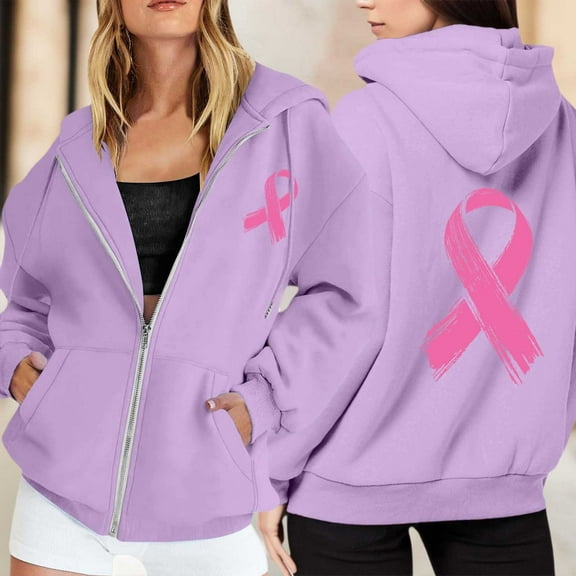 Long Sleeve Sweatshirt For Women Solid Color Zip Up Hoodie Pullover Cancer Awareness Month Casual Comfortable For Everyday Wear Winter Pullover Jumper Tops