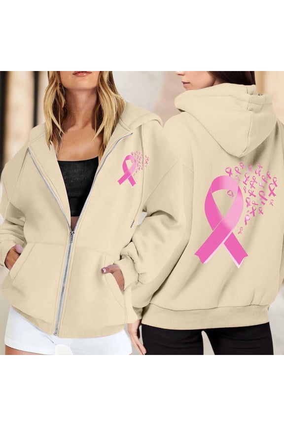 Long Sleeve Sweatshirt For Women Trendy Solid Color Zip Up Hoodie Pullover Cancer Awareness Month Drawstring Casual Comfortable For Everyday Wear Tops Clothes With Pocket