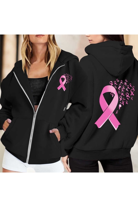 Long Sleeve Sweatshirt For Women Trendy Solid Color Zip Up Hoodie Pullover Cancer Awareness Month Drawstring Casual Comfortable For Everyday Wear Winter Pullover Jumper Tops