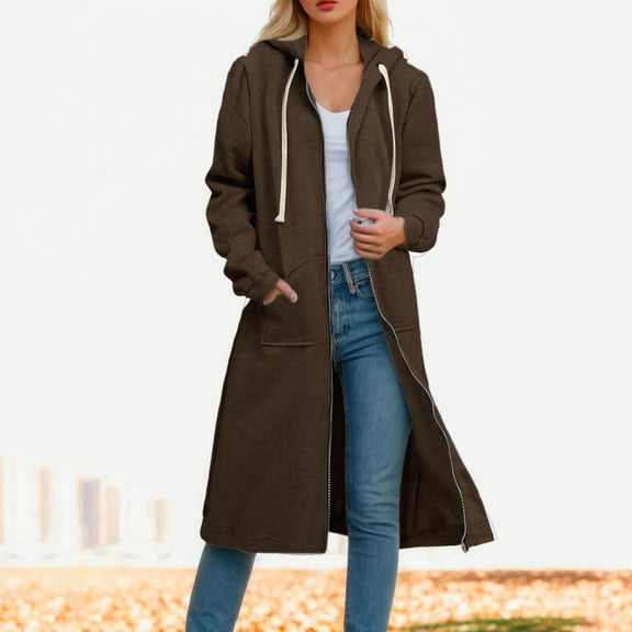 Long Sleeve Sweatshirt For Women Zip Up Hooded Jacket Casual Comfortable Loose Fit Cardigan Outwear For Fall Daily Wear Winter Pullover Jumper Tops Coffee XXL