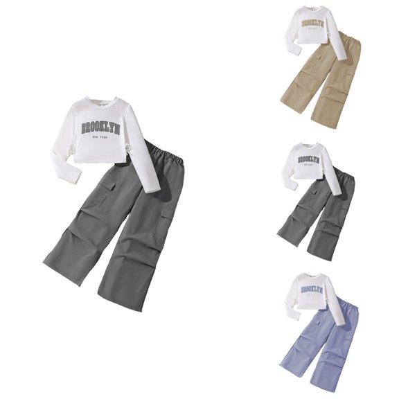 Long Sleeve Sweatshirt and Cargo Jogger Pants 2 Piece Outfit, Letter Print Top & Pants Set for Girls 7-12 Years, Spring Clothing