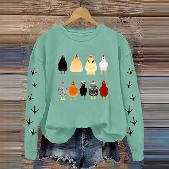 Long Sleeve Sweatshirt for Women Casual Full Sleeve Crewneck Chicken Graphic Printed Blouse Winter Pullover Jumper Tops