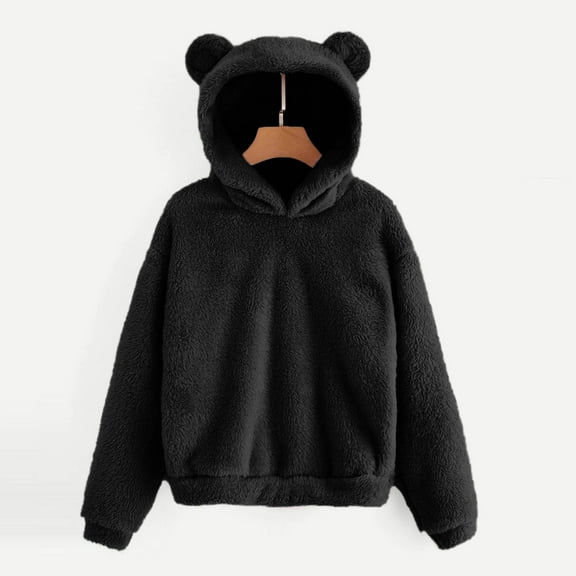 Long Sleeve Sweatshirt for Women Fleece Solid Warm Bear Shape Fuzzy Hoodie Coat Everyday Style Tops Clothes With Pocket