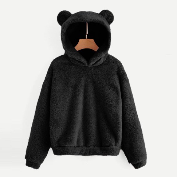 Long Sleeve Sweatshirt for Women Fleece Solid Warm Bear Shape Fuzzy Hoodie Coat Everyday Style Tops Clothes With Pocket