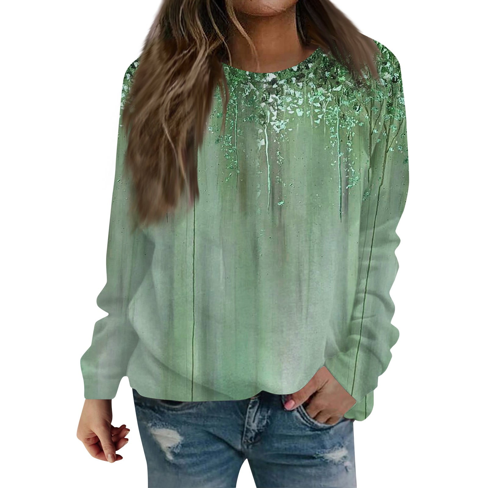 Long Sleeve Sweatshirt for Women Floral Print Pullover Tops Round Neck