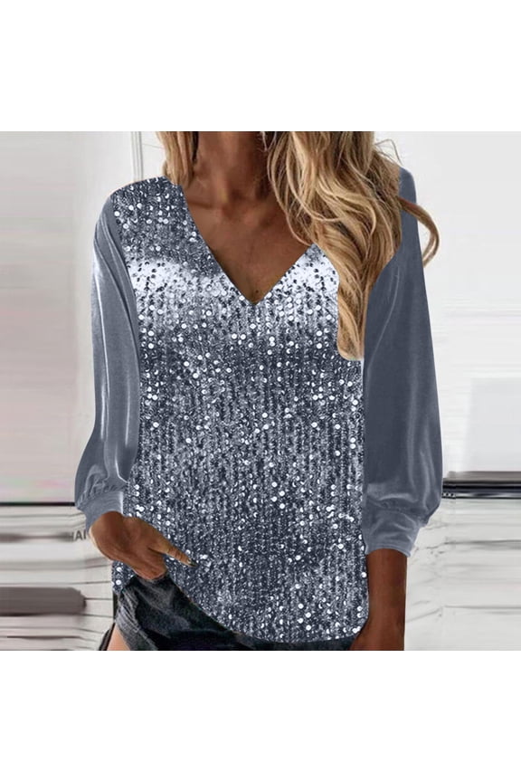 Long Sleeve Sweatshirt for Women New Womens Sequin Tops Glitter Long Sleeve V Neck Shirts Trendy Dressy Fashion Blouse Style B-7 Silvery M