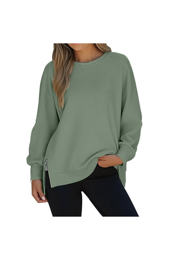 Long Sleeve Sweatshirt for Women Side Slit Zip Up Pullover Crewneck Sweatshirt Casual Womens Tops Spring Fall Fashion Clothing, Gifts for Women