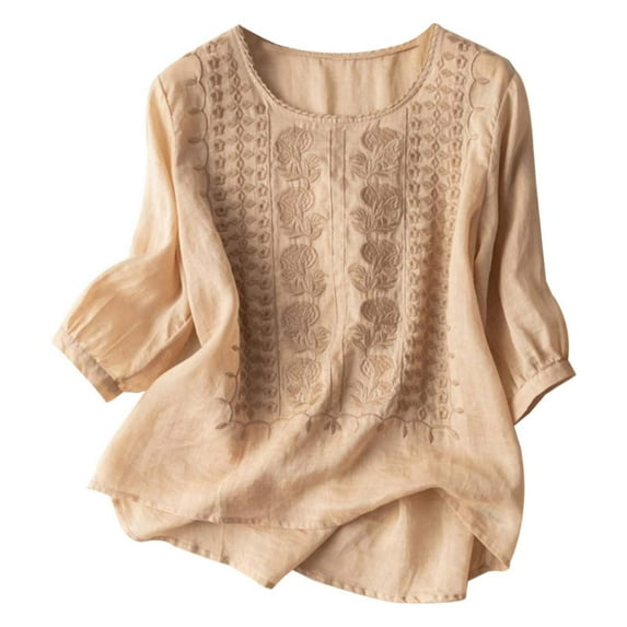Long Sleeve Sweatshirts,Vintage Embroidered Cotton Linen T Shirt For Women Casual Loose Fit Top,Loose Fitting Tees(Size:L)