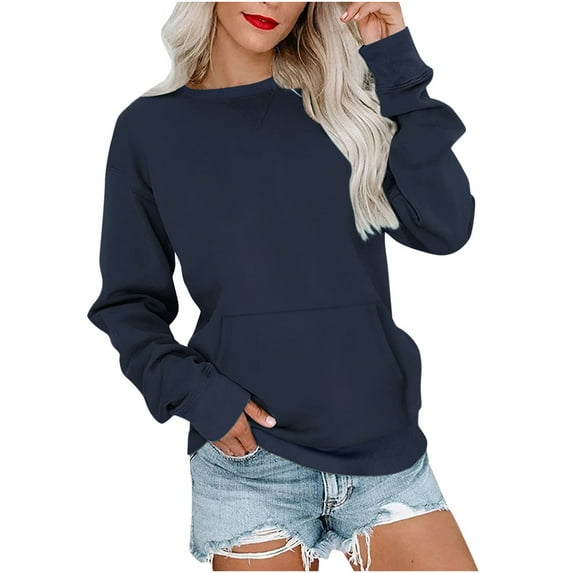 Long Sleeve Sweatshirts for Women Casual Solid Color No Hood Round Neck Sweater Fall Comfortable Pullover with Front Pocket