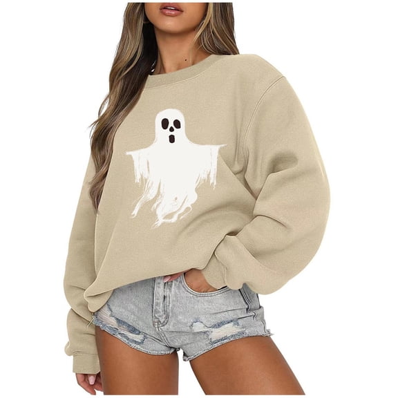 Long Sleeve Sweatshirts for Women Cute Print Crew Neck Halloween Tops Casual Oversized Loose Pullover Shirts(Brown XL)