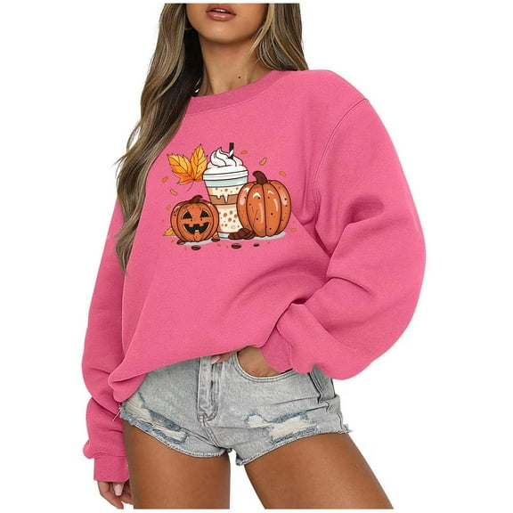 Long Sleeve Sweatshirts for Women Cute Print Crew Neck Halloween Tops Casual Oversized Loose Pullover Shirts(Hot Pink S)