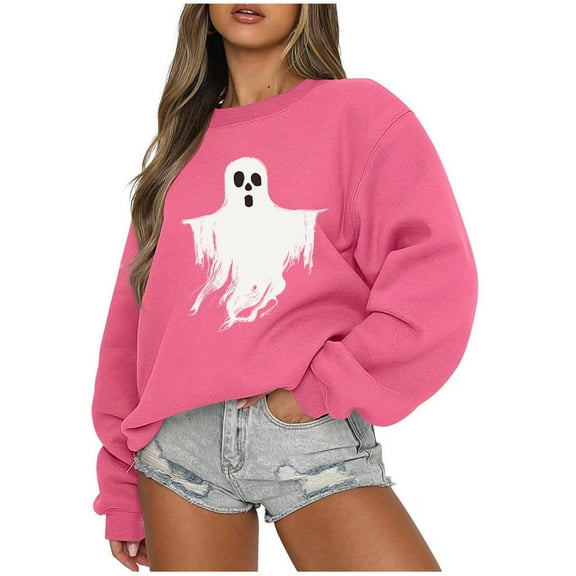 Long Sleeve Sweatshirts for Women Cute Print Crew Neck Halloween Tops Casual Oversized Loose Pullover Shirts(Hot Pink XL)