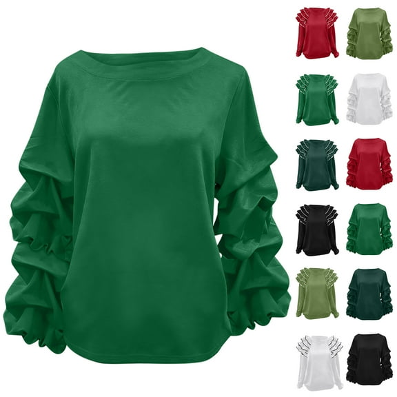 Long Sleeve Sweatshirts for Women Puff Sleeve Pullover Tops Dressy Casual Ruffle Sleeve Blouse Loose Crewneck Fall Fashion Shirts