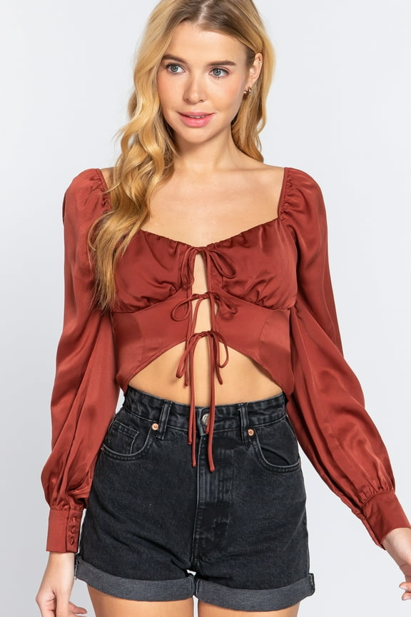 Long Sleeve Sweetheart Neck Front Ribbon Tie Detail Woven Top Rust ' L
