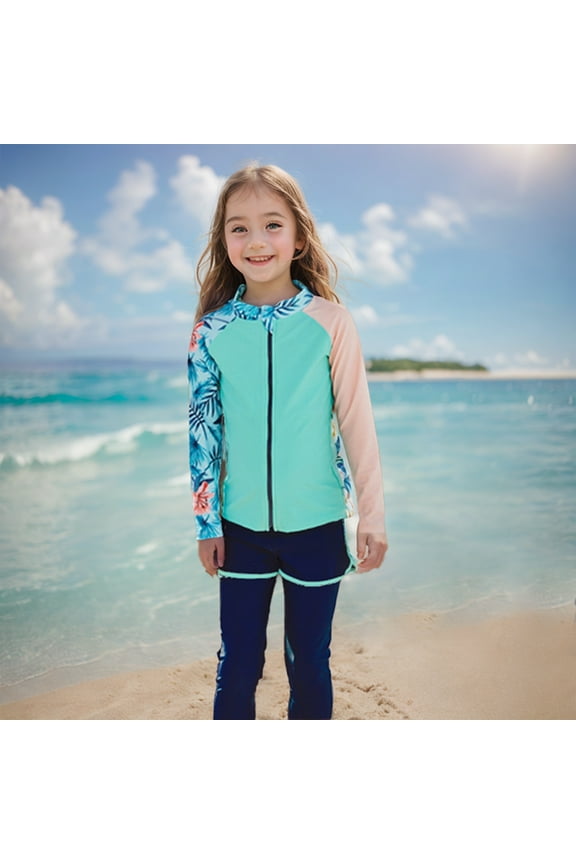 Long Sleeve Swimsuit Girls Rashguard Swimsuit for Girls Two Piece Rash Guard Crop Swim Tops Blue 9-10 Years