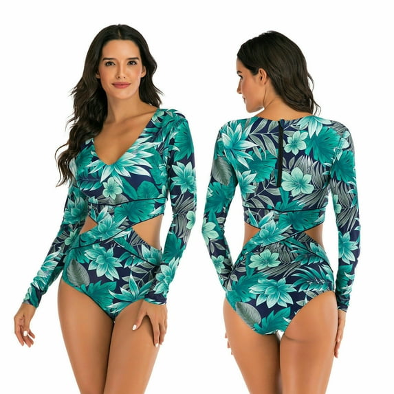 Long Sleeve Swimsuit Women UPF 50+ 1-Piece for Womens Zip Athletic Swim Wear Bathing Suit -L