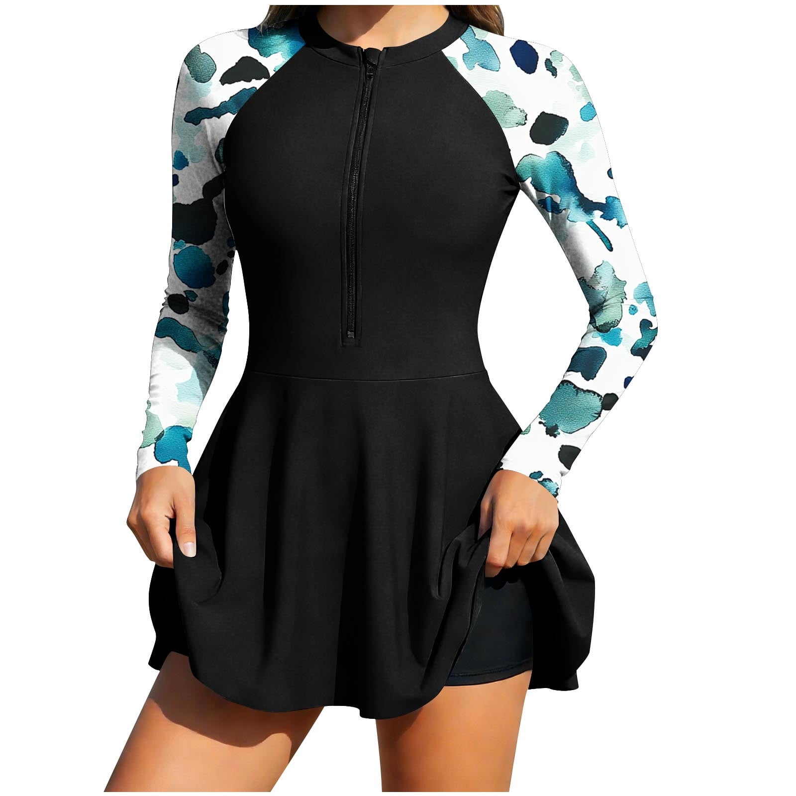 long bathing suit dress ZAFUL Women's One Piece Rash Guard Long Sleeve Modest Swimsuits Dress Zipper Bathing Suit Swimskirt 0-Green S at Amazon Women's Clothing store