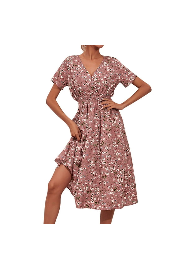 Long Sleeve Swing Dress Sleeveless Summer Dresses for Women Women Floral Print Casual V-neck Short-sleeved A-line Beach Long Robe Low Cut Petite Dresses for Women Womens Summer Long Dresses Casual