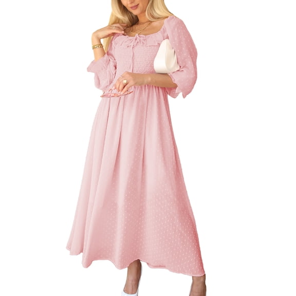 Long Sleeve Swiss Dot Lined Maxi Dress for Women Smocked Tied Detail Square Neck,Pink,Small