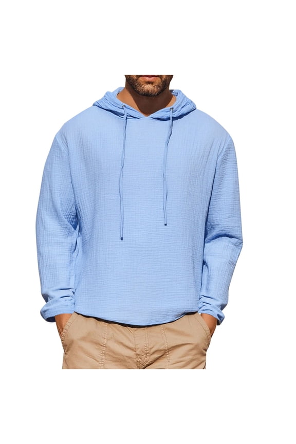 Long Sleeve T Shirt Men Casual Cotton Linen Shirt Lightweight Pullover Tops with Hood Loose Solid Color T-Shirts Summer Basic Tops