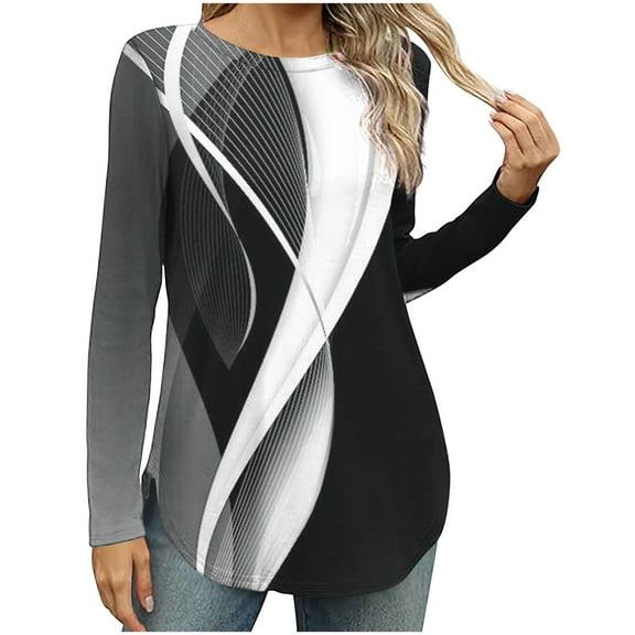 Long Sleeve T Shirt Tops For Women Round Neck Casual Loose Fitting Summer Fall Comfy Tie-Dye Color Block Gradient T-Shirt Blouse Tops,Black 4,M