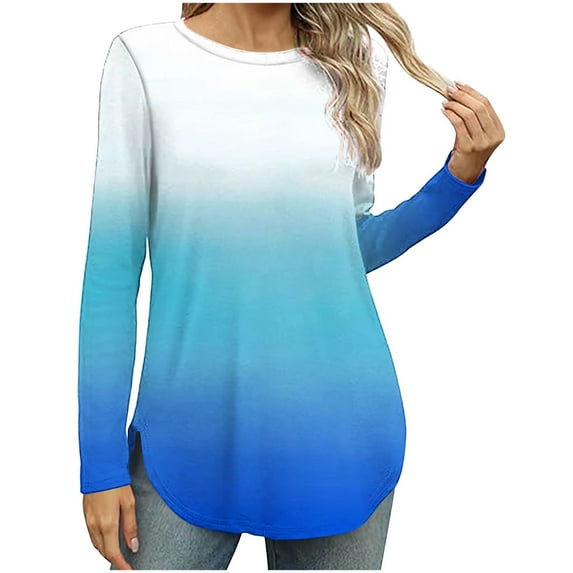 Long Sleeve T Shirt Tops For Women Round Neck Casual Loose Fitting Summer Fall Comfy Tie-Dye Color Block Gradient T-Shirt Blouse Tops,Blue,S