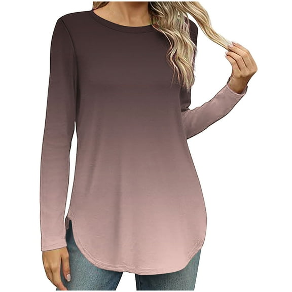 Long Sleeve T Shirt Tops For Women Round Neck Casual Loose Fit Summer Fall Comfy Tie-Dye Color Block Gradient T-Shirt Blouse Tops,Brown,M