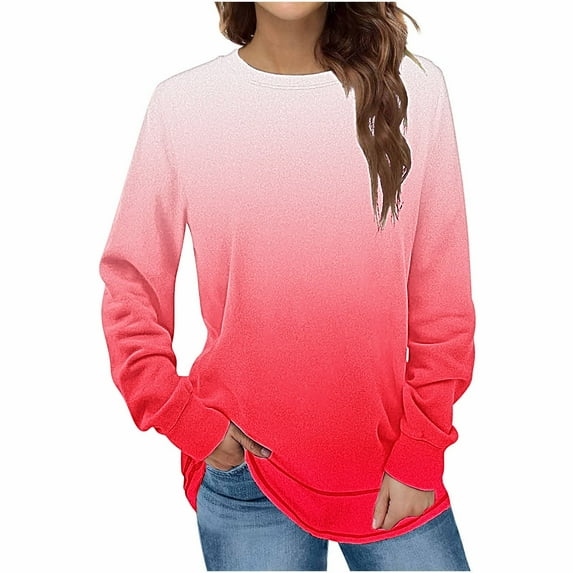 Long Sleeve T Shirt Tops For Women Round Neck Casual Loose Fitting Summer Fall Comfy Tie-Dye Color Block Gradient T-Shirt Blouse Tops,Hot Pink 1,L