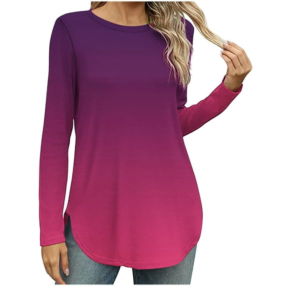 Long Sleeve T Shirt Tops For Women Round Neck Casual Loose Fitting Summer Fall Comfy Tie-Dye Color Block Gradient T-Shirt Blouse Tops,Hot Pink 2,XL