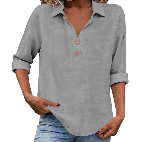 Long Sleeve T Shirt Women 2026 Linen V Neck Button Down Long Sleeve Beach Trendy Tops