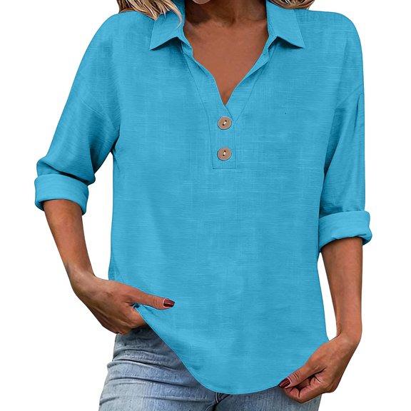Long Sleeve T Shirt Women 2026 Linen V Neck Button Down Long Sleeve Beach Trendy Tops